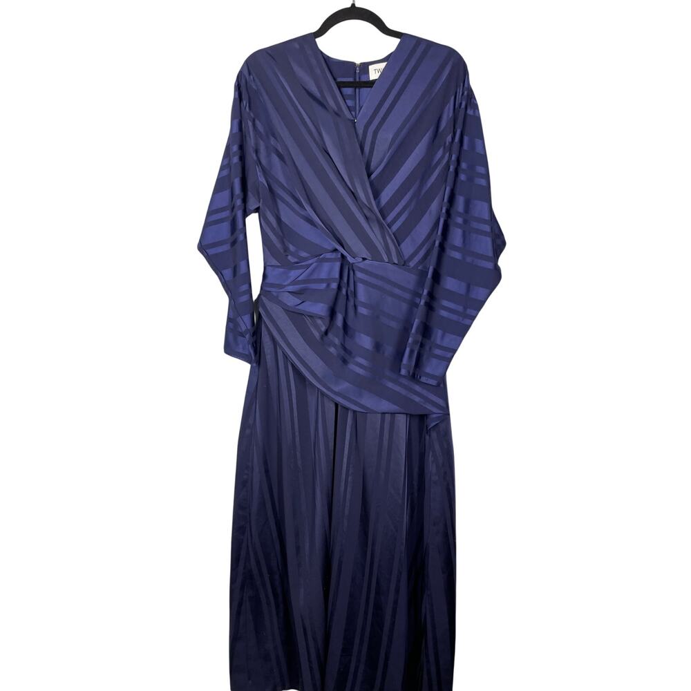 Twice Upcycled Maxi Dress 12 Blue Stripe Asymmetrical Ruched Cottagecore EUC